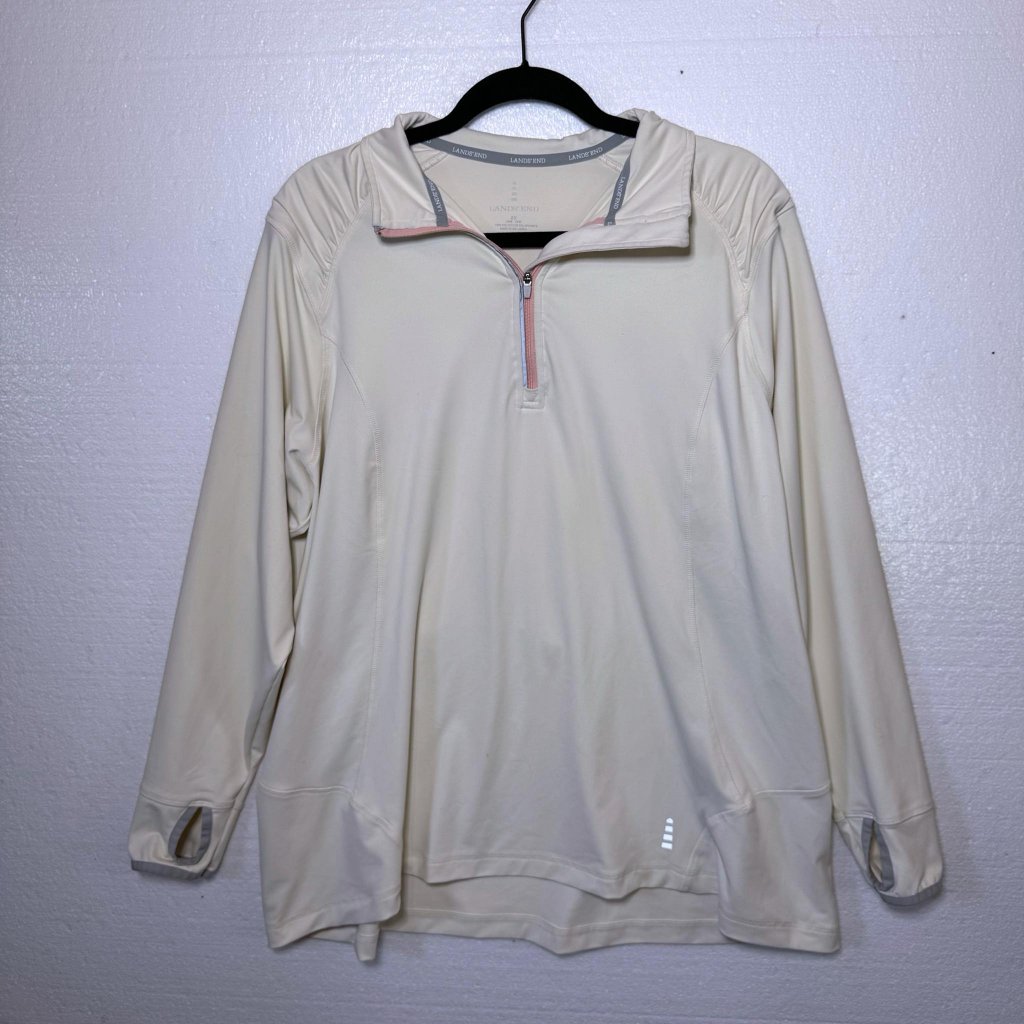 Lands End Womens Size 2x Cream Half Zip Pullover Athletic Thumb Holes Zip Pocket